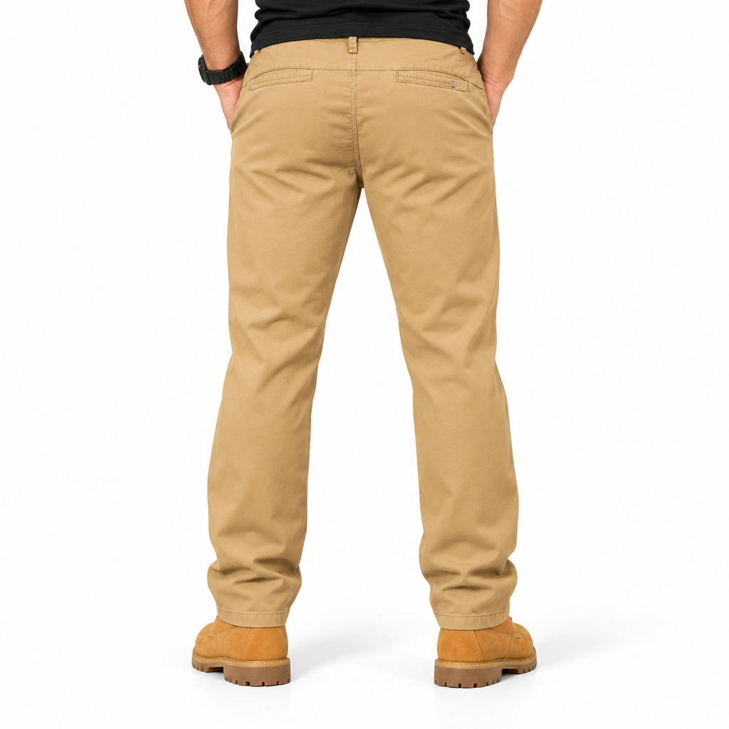 FREDD MARSHALL FHG3628 men's cotton flat-front tapered chino pants, Tan, back view