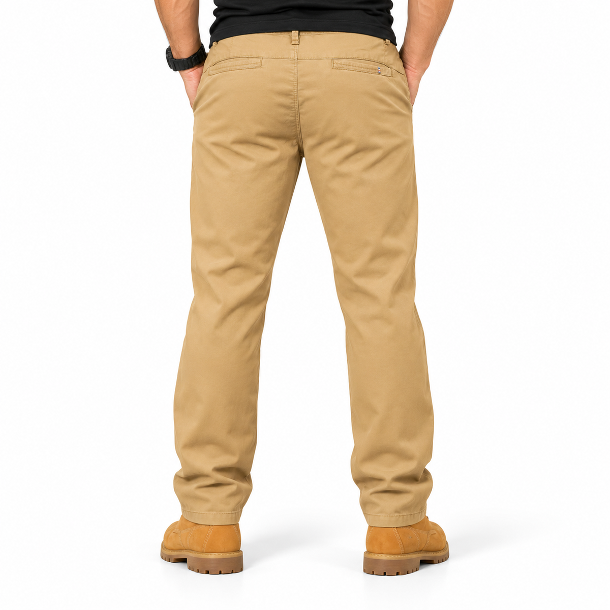 FREDD MARSHALL FHG3628 men's cotton flat-front tapered chino pants, Tan, back view