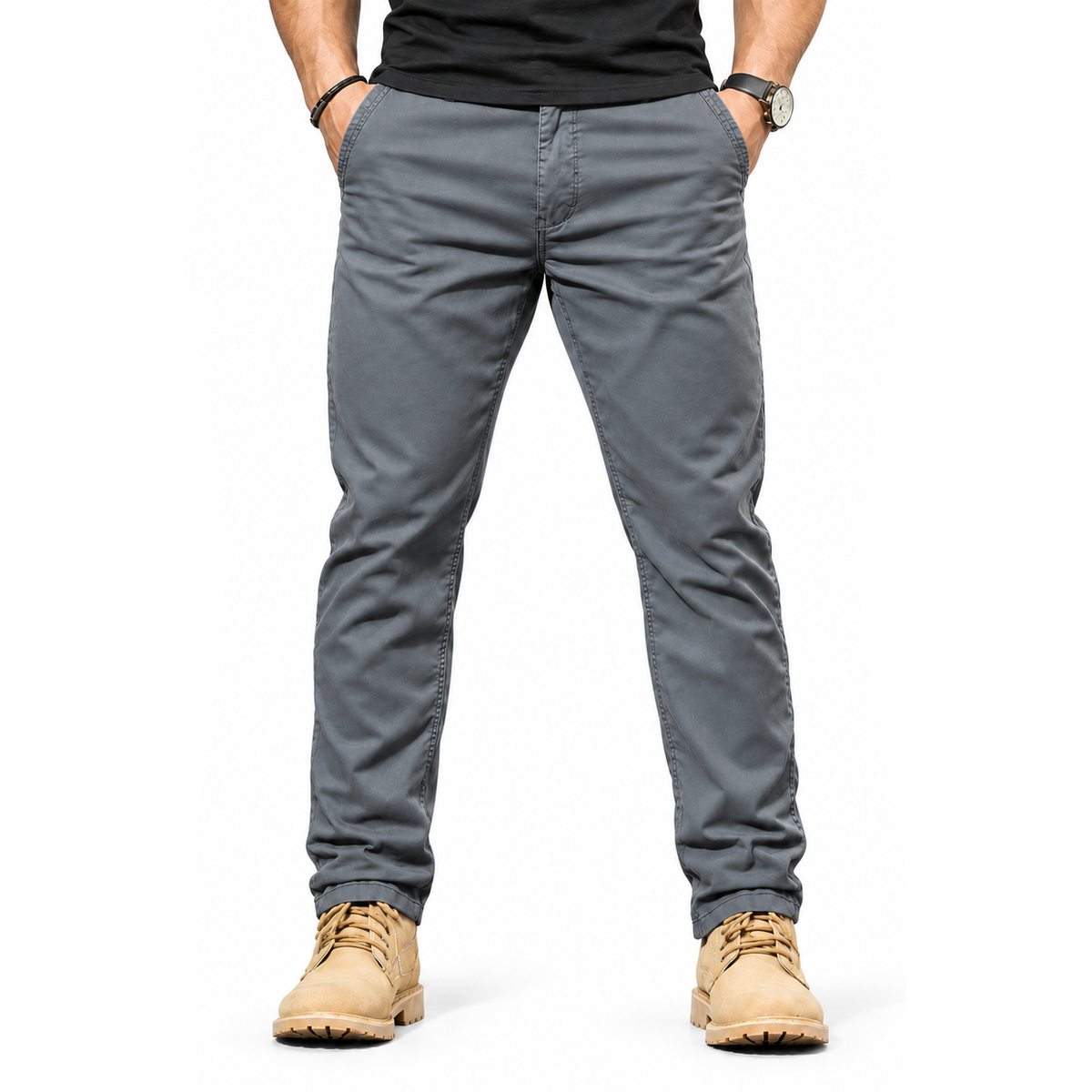 FREDD MARSHALL FHG3628 men's cotton flat-front tapered chino pants, Medium Gray, front view