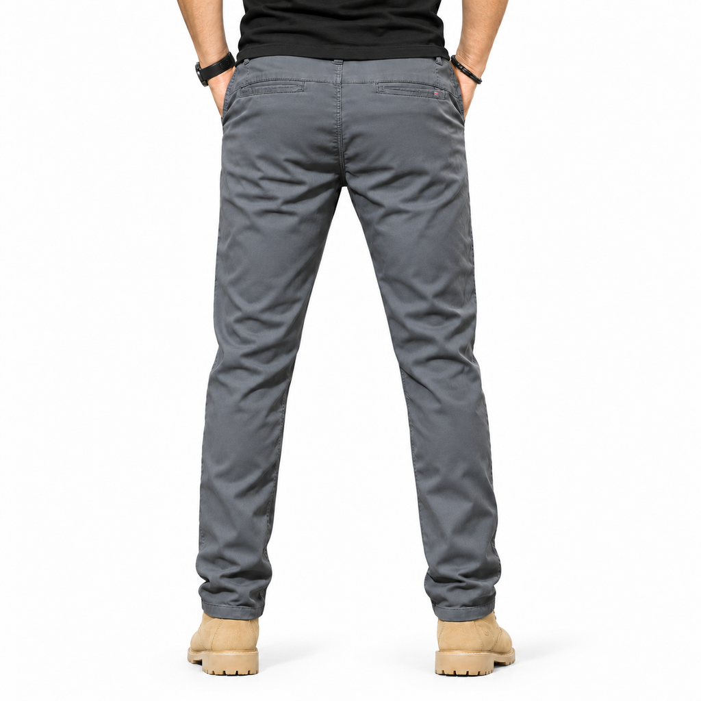 FREDD MARSHALL FHG3628 men's cotton flat-front tapered chino pants, Medium Gray, back view