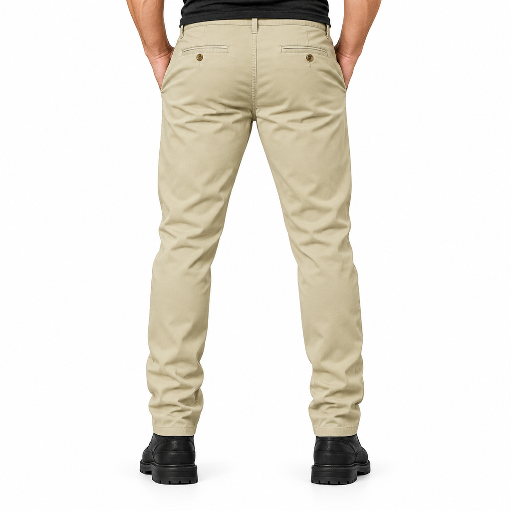 FREDD MARSHALL FHG3628 men's cotton flat-front tapered chino pants, Khaki, back view