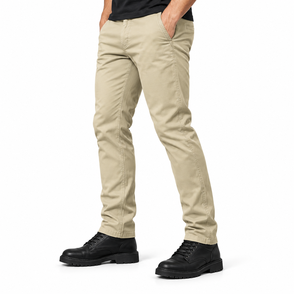 FREDD MARSHALL FHG3628 men's cotton flat-front tapered chino pants, Khaki, side view