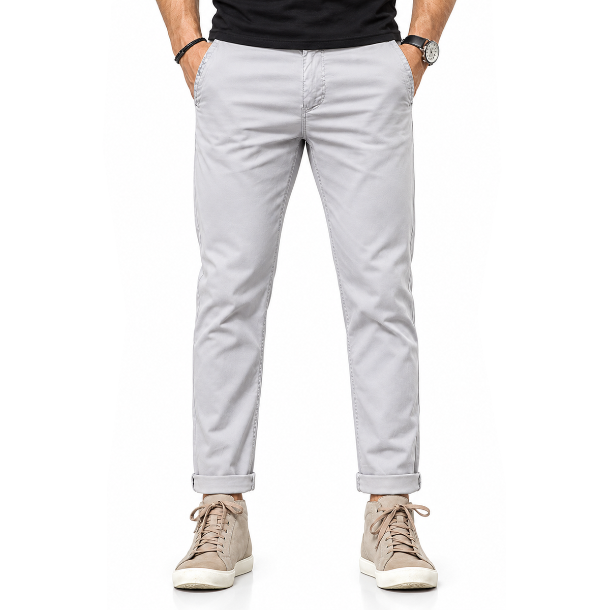 FREDD MARSHALL FHG3628 men's cotton flat-front tapered chino pants, Light Gray, front view