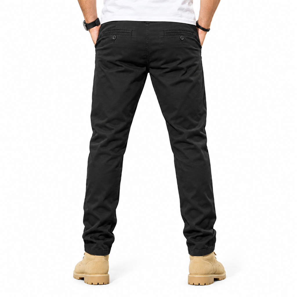 FREDD MARSHALL FHG3628 men's cotton flat-front tapered chino pants, Black, back view