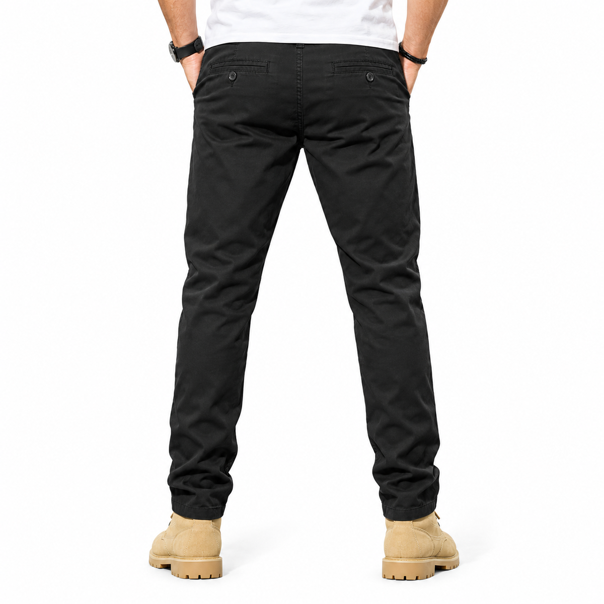 FREDD MARSHALL FHG3628 men's cotton flat-front tapered chino pants, Black, back view