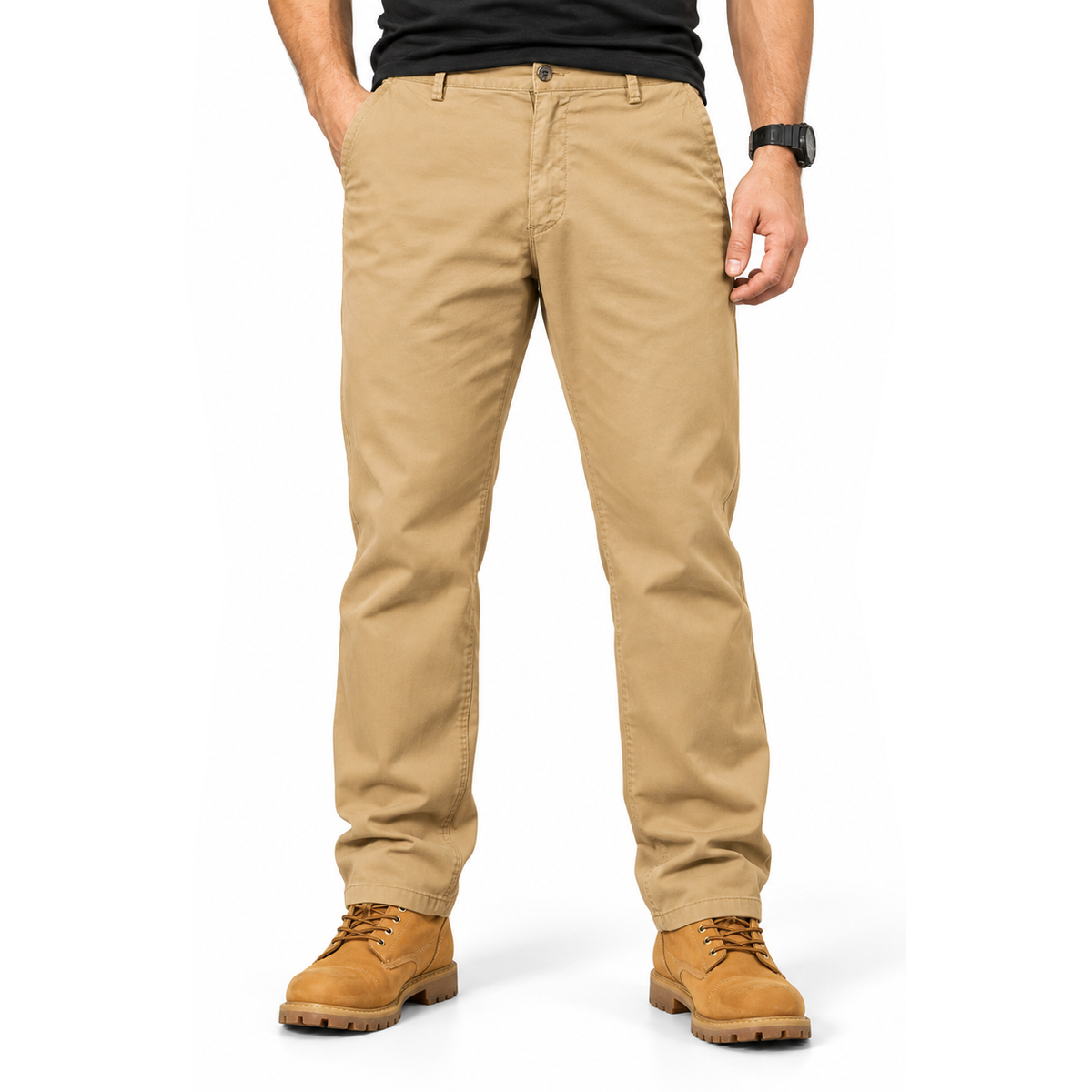FREDD MARSHALL FHG3628 men's cotton flat-front tapered chino pants, Tan, front view