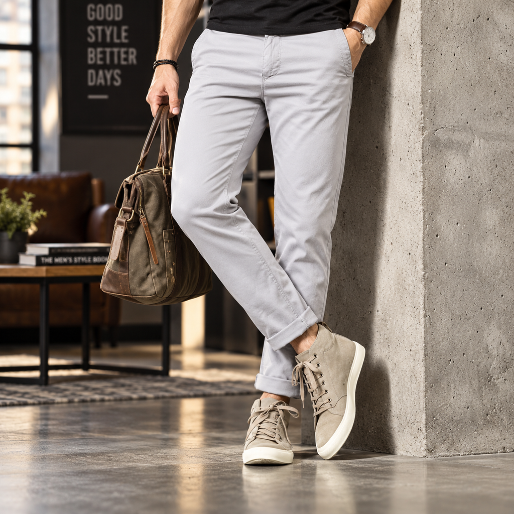 FREDD MARSHALL FHG3628 men's cotton flat-front tapered chino pants, Light Gray, styled outfit