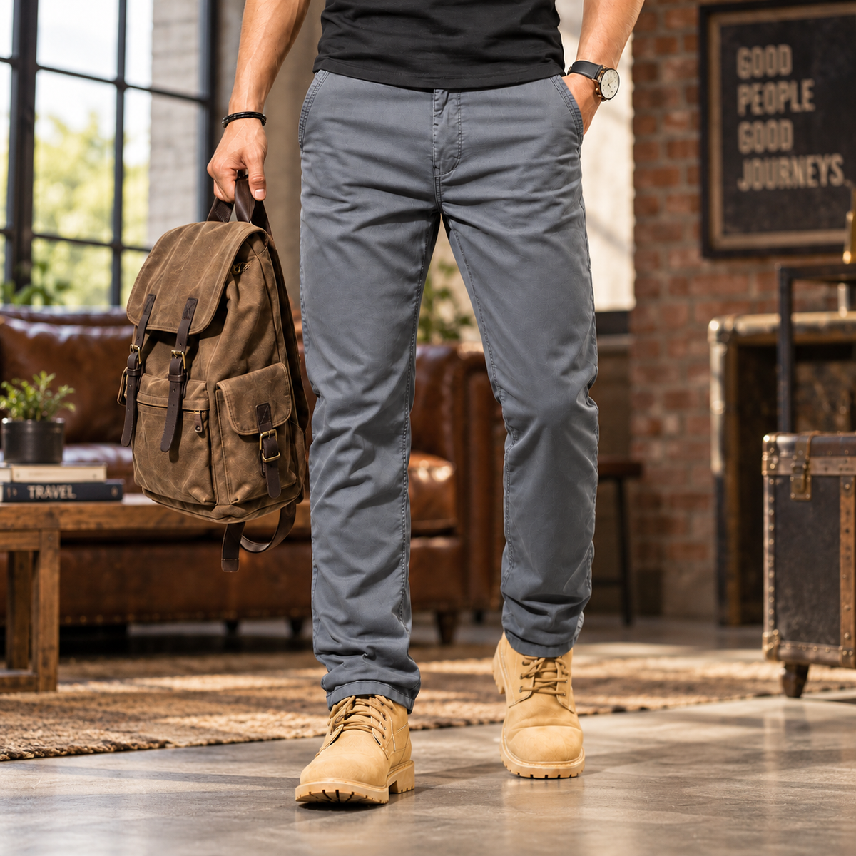 FREDD MARSHALL FHG3628 men's cotton flat-front tapered chino pants, Medium Gray, styled outfit