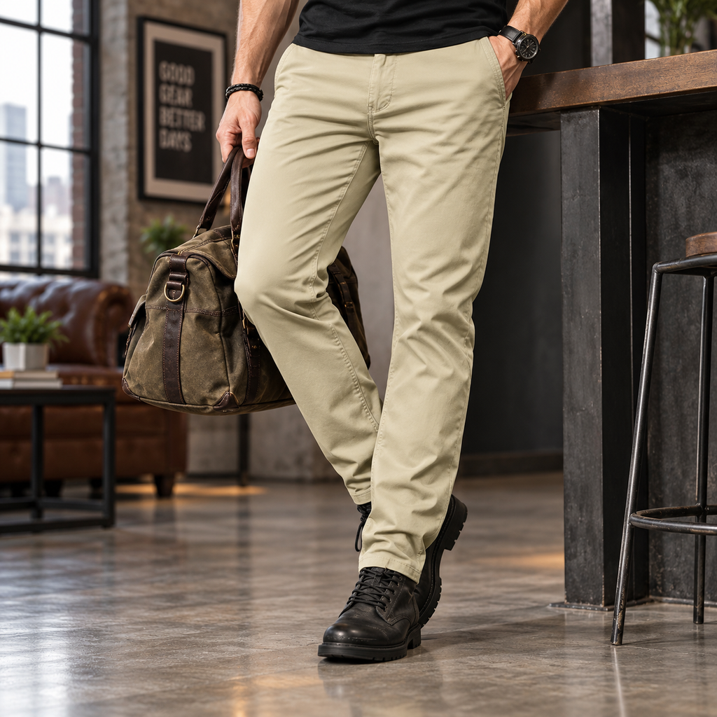 FREDD MARSHALL FHG3628 men's cotton flat-front tapered chino pants, Khaki, styled outfit