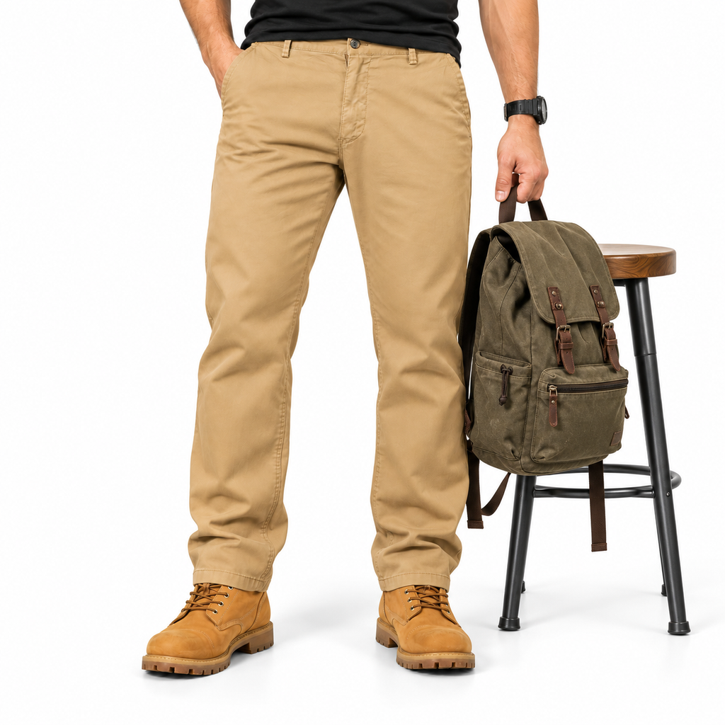 FREDD MARSHALL FHG3628 men's cotton flat-front tapered chino pants, Tan, styled outfit