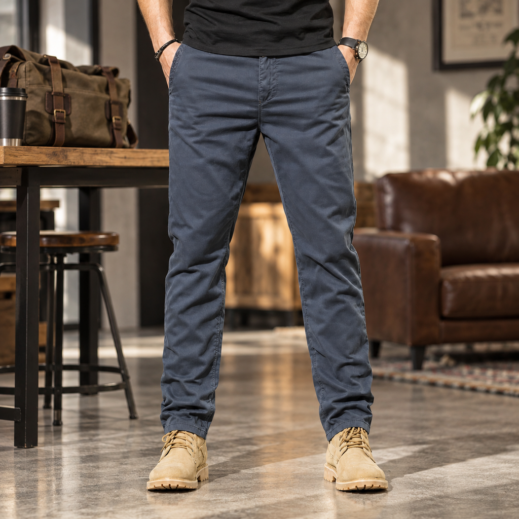 FREDD MARSHALL FHG3628 men's cotton flat-front tapered chino pants, Dark Gray, styled outfit