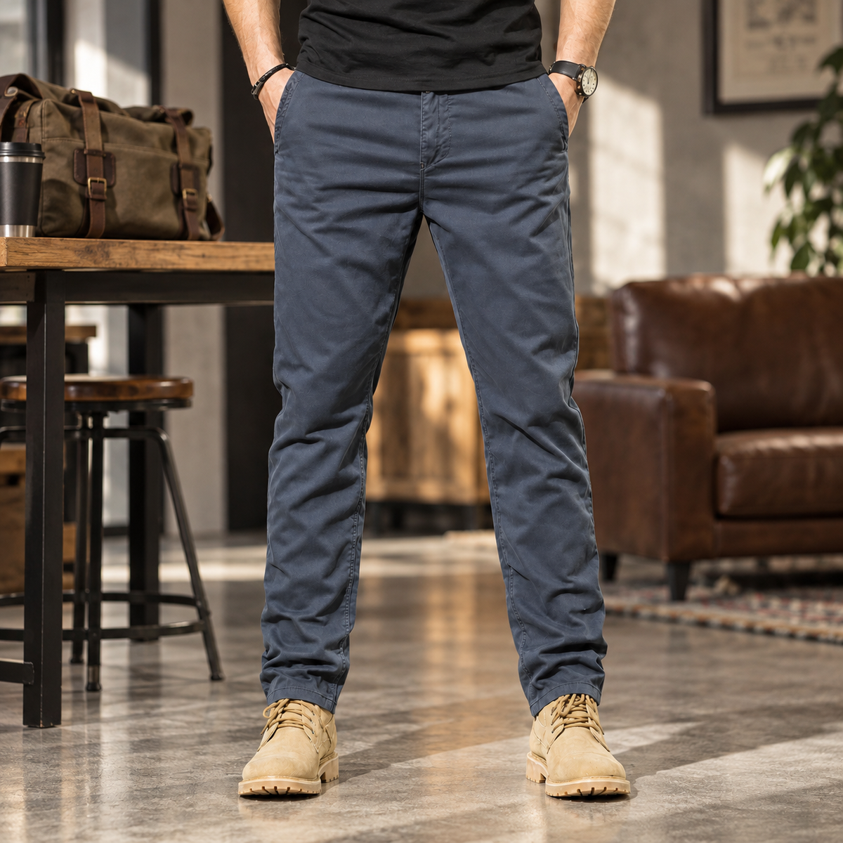 FREDD MARSHALL FHG3628 men's cotton flat-front tapered chino pants, Dark Gray, styled outfit