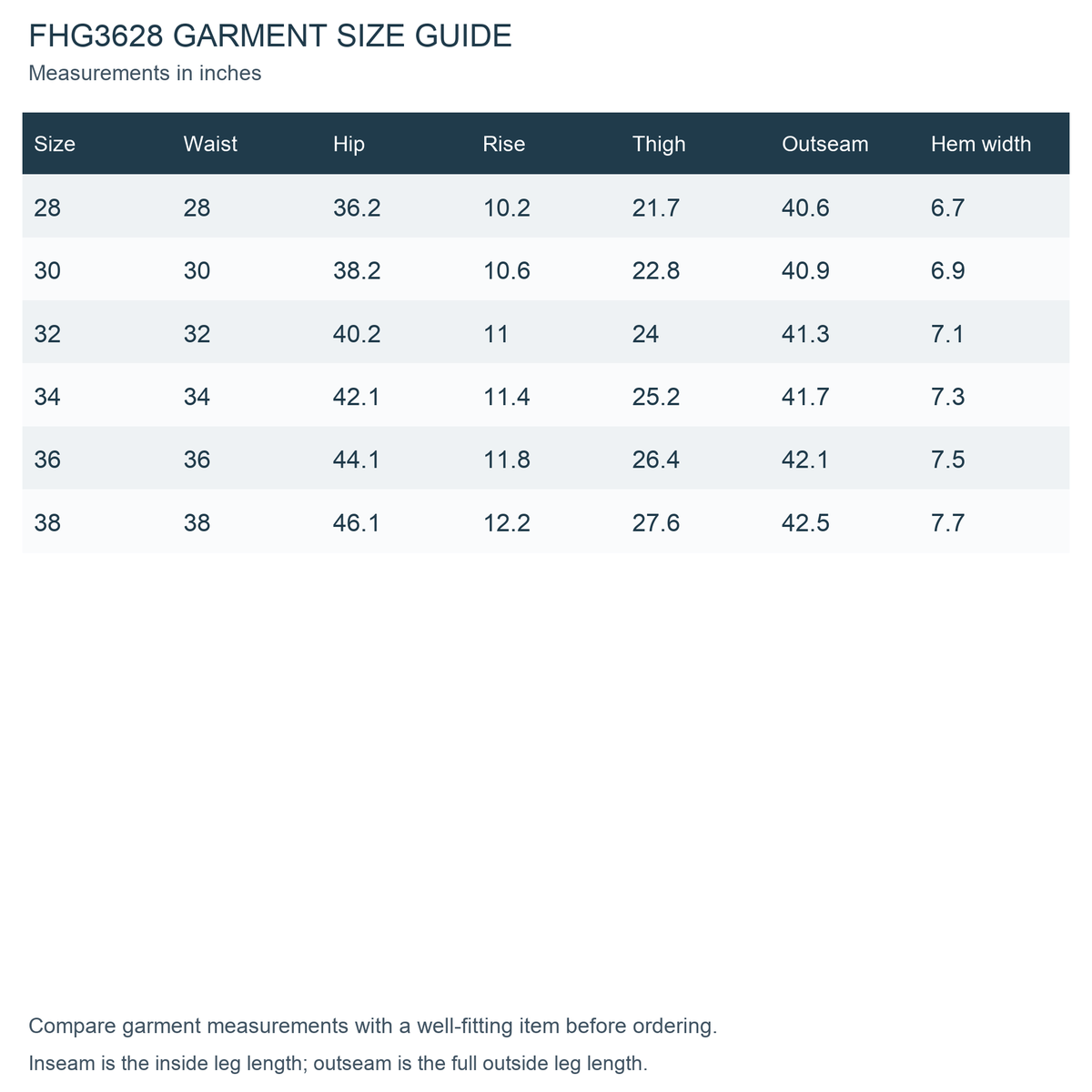 FHG3628 verified garment measurements and size guide