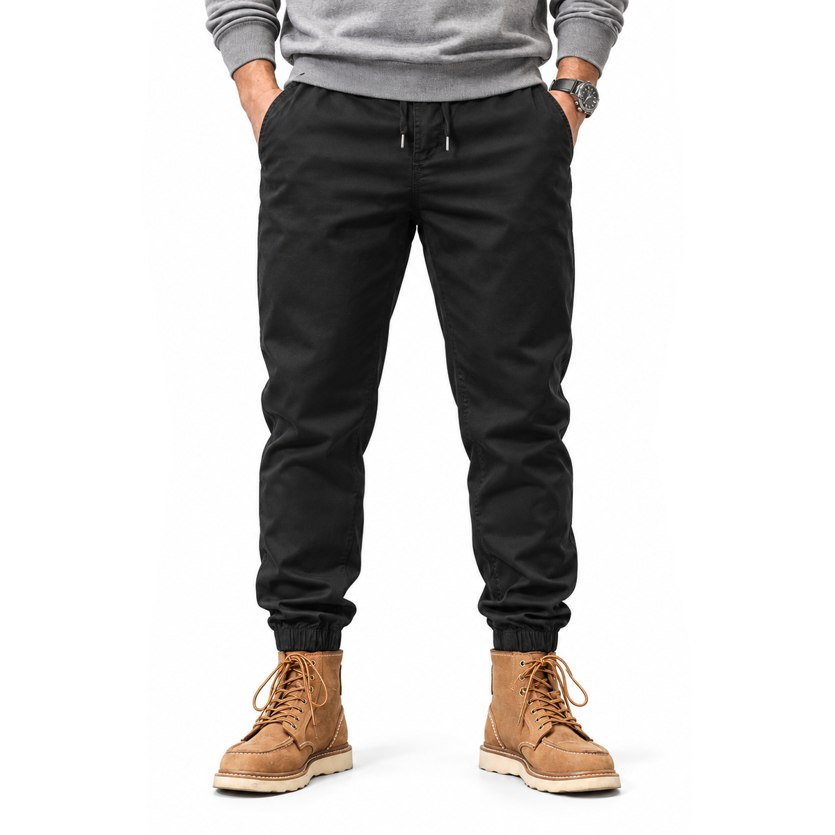 FREDD MARSHALL FHG3637 men's cotton drawstring tapered jogger pants, Black, front view