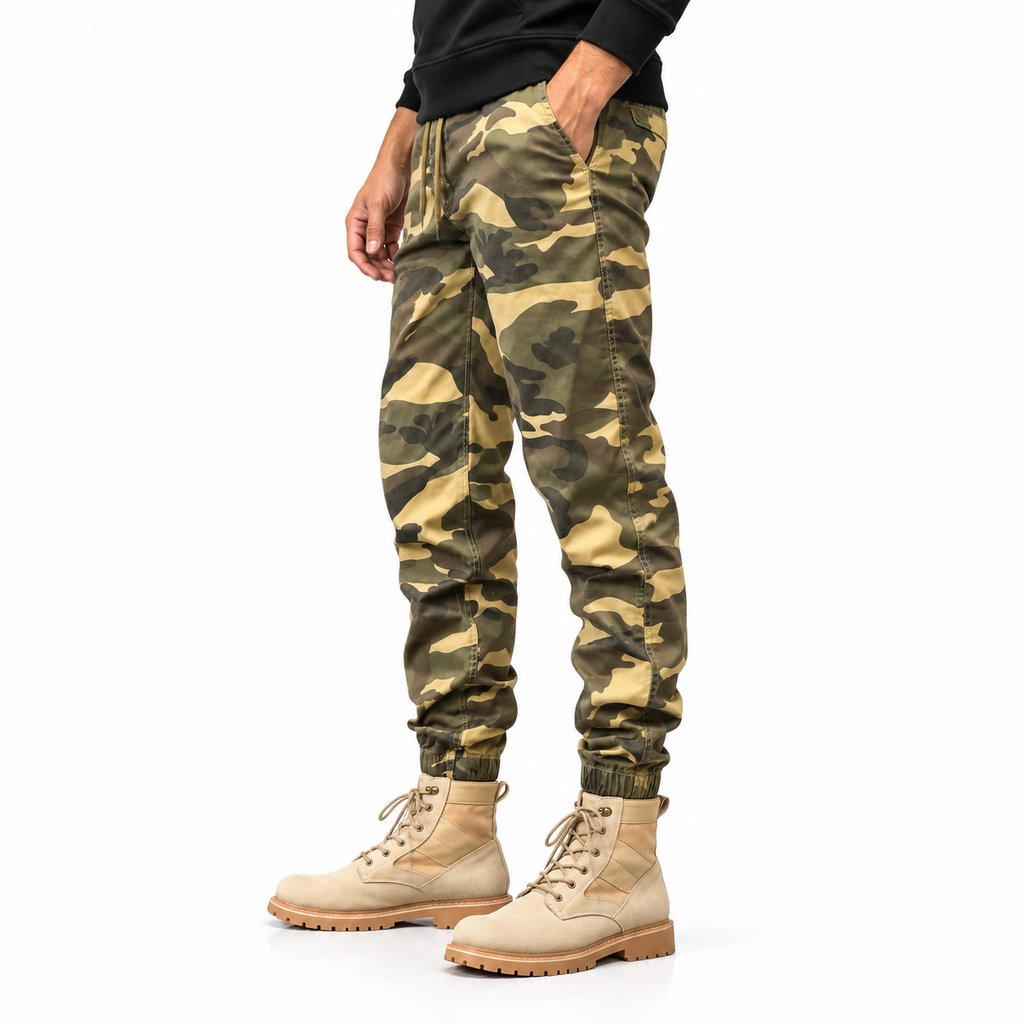 FREDD MARSHALL FHG3637 men's cotton drawstring tapered jogger pants, Khaki Camo, side view