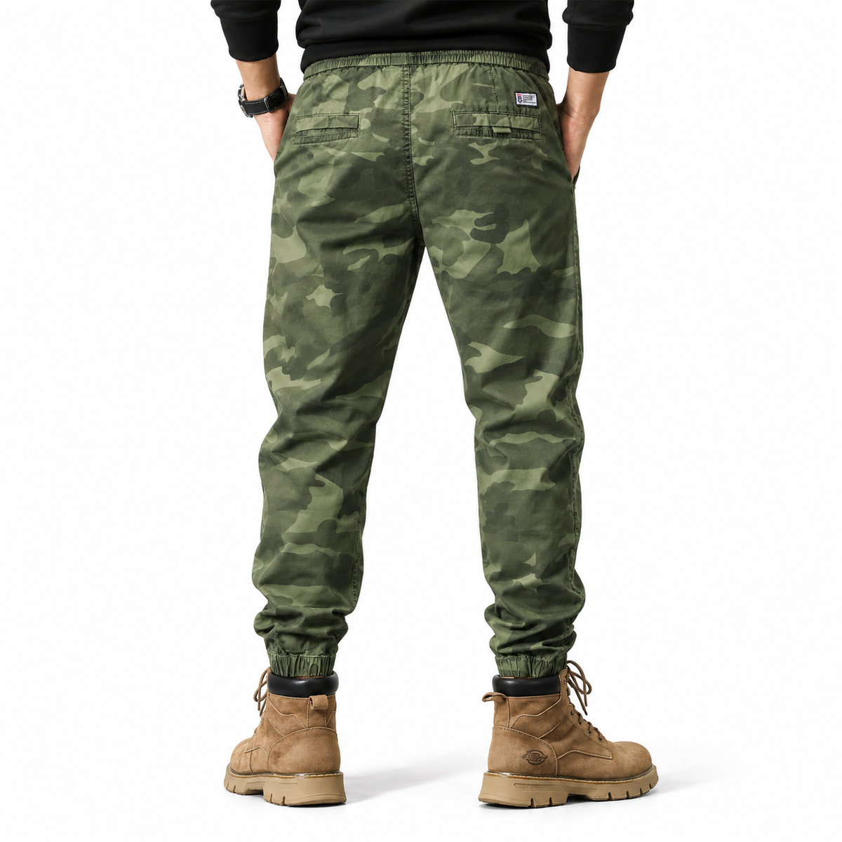 FREDD MARSHALL FHG3637 men's cotton drawstring tapered jogger pants, Army Green Camo, back view