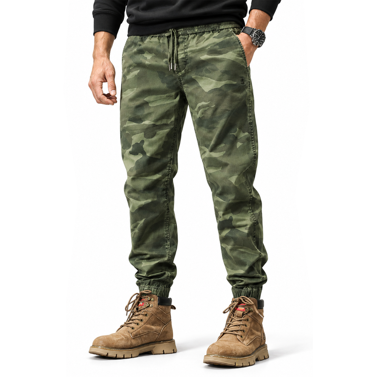 FREDD MARSHALL FHG3637 men's cotton drawstring tapered jogger pants, Army Green Camo, front view