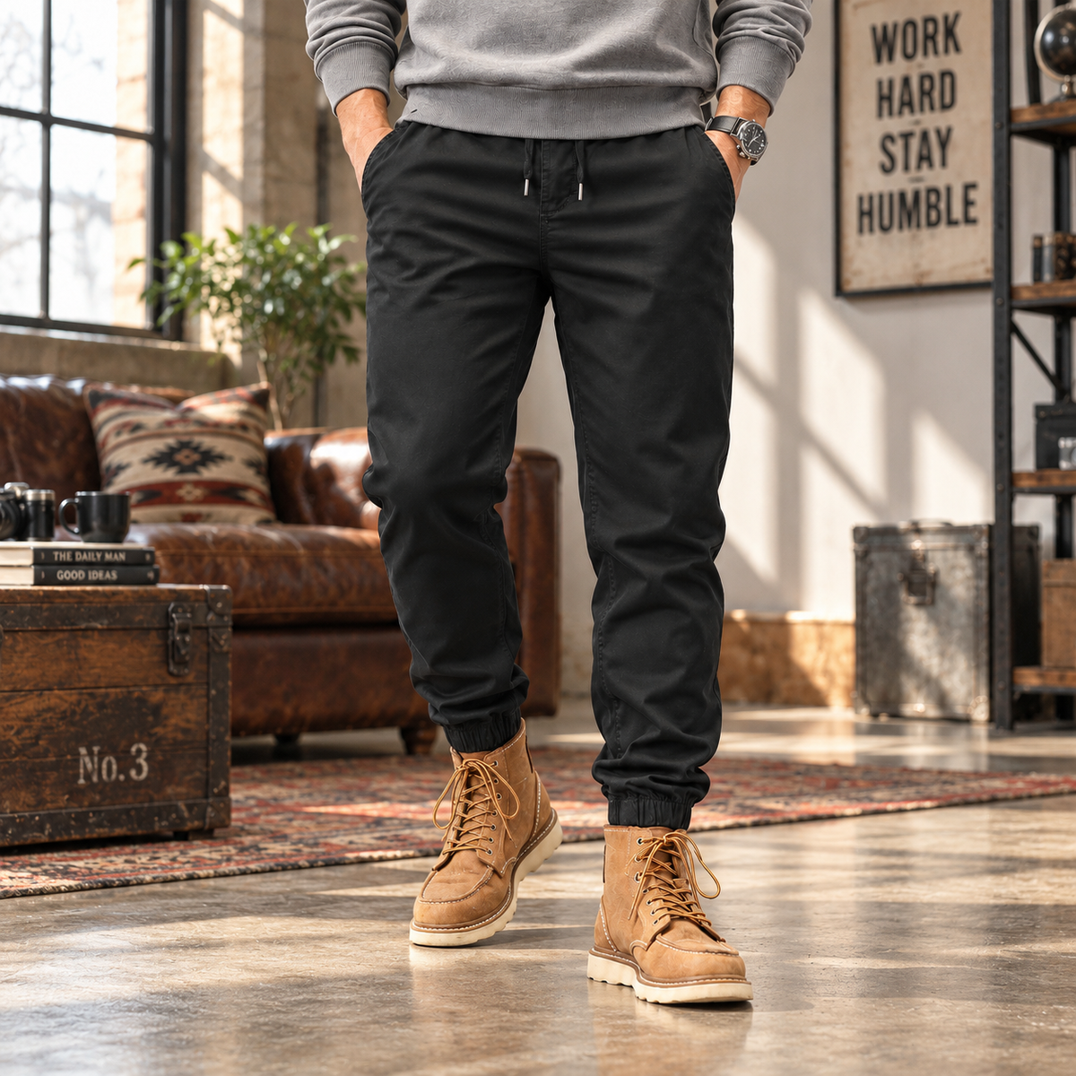 FREDD MARSHALL FHG3637 men's cotton drawstring tapered jogger pants, Black, styled outfit