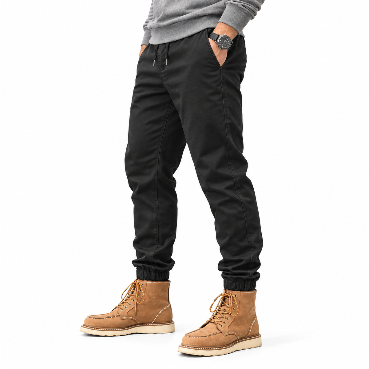 FREDD MARSHALL FHG3637 men's cotton drawstring tapered jogger pants, Black, side view