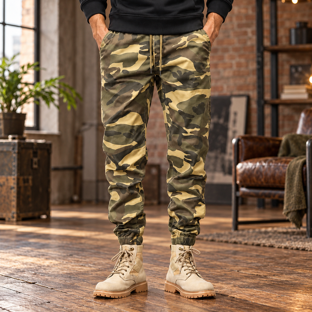 FREDD MARSHALL FHG3637 men's cotton drawstring tapered jogger pants, Khaki Camo, styled outfit