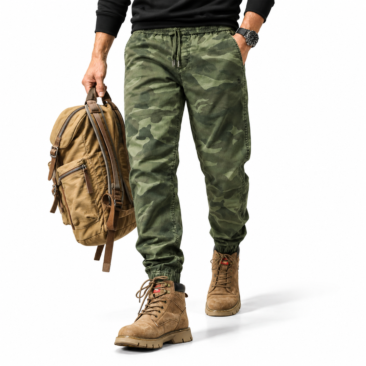 FREDD MARSHALL FHG3637 men's cotton drawstring tapered jogger pants, Army Green Camo, styled outfit