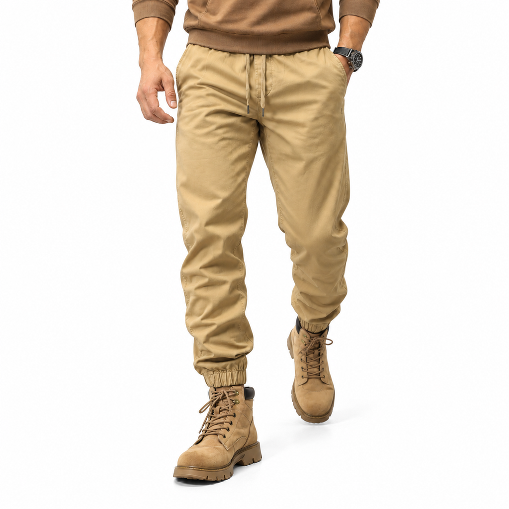 FREDD MARSHALL FHG3637 men's cotton drawstring tapered jogger pants, Khaki, styled outfit