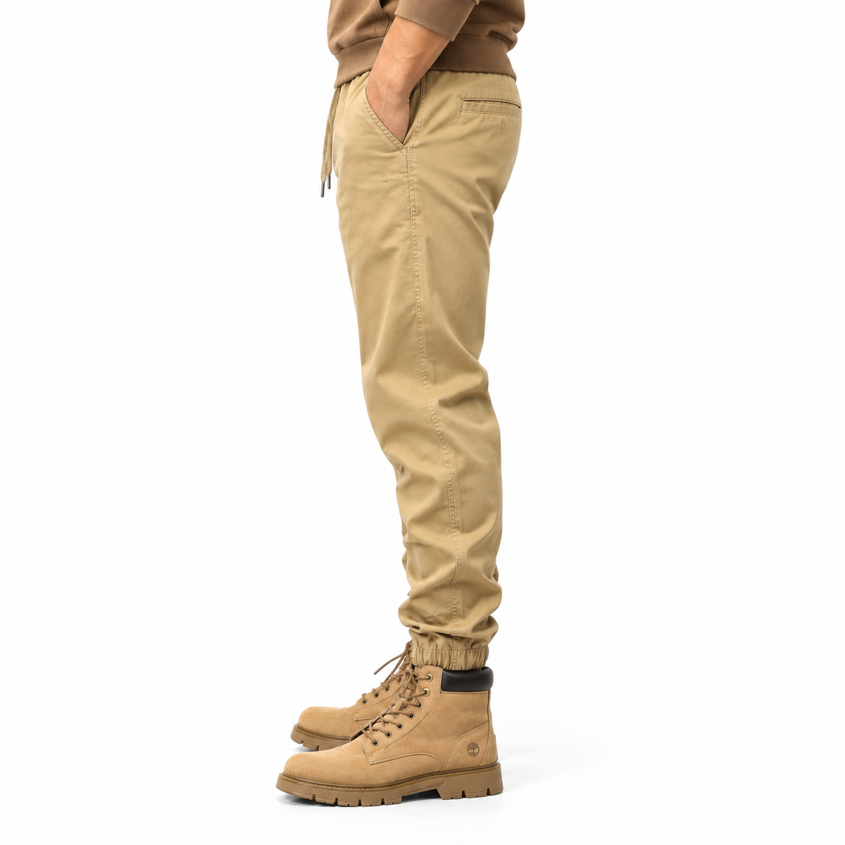 FREDD MARSHALL FHG3637 men's cotton drawstring tapered jogger pants, Khaki, side view