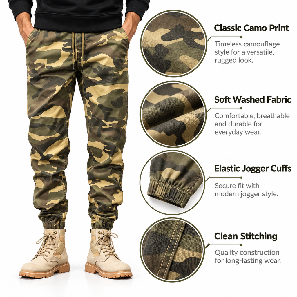 FREDD MARSHALL FHG3637 men's cotton drawstring tapered jogger pants, Khaki Camo, construction detail