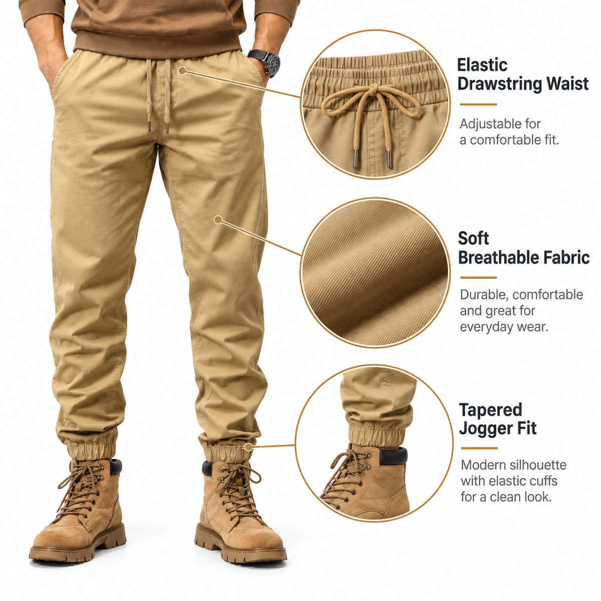 FREDD MARSHALL FHG3637 men's cotton drawstring tapered jogger pants, Khaki, construction detail
