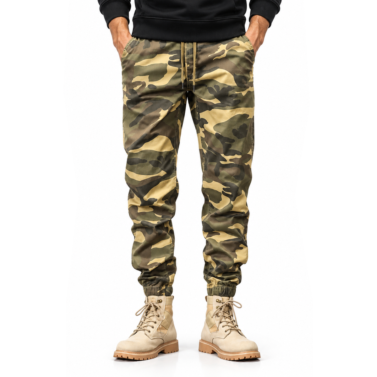 FREDD MARSHALL FHG3637 men's cotton drawstring tapered jogger pants, Khaki Camo, front view