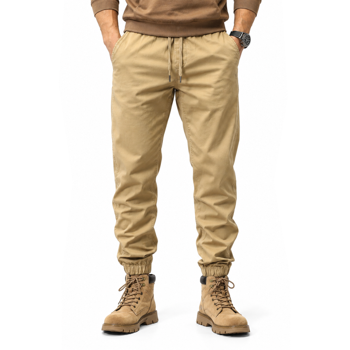 FREDD MARSHALL FHG3637 men's cotton drawstring tapered jogger pants, Khaki, front view