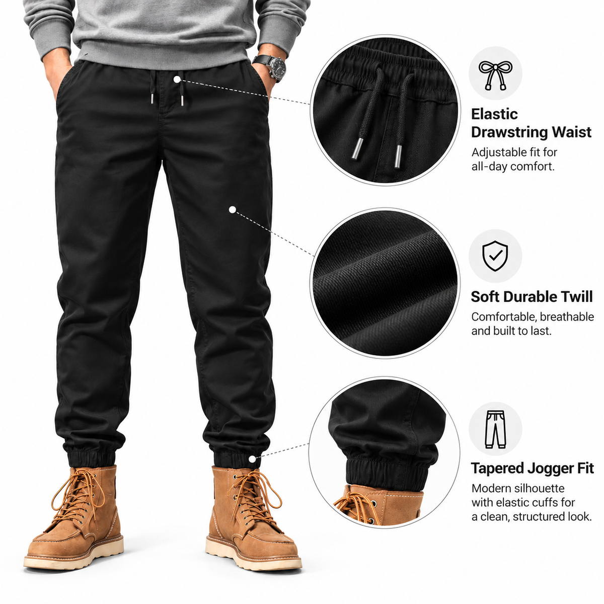 FREDD MARSHALL FHG3637 men's cotton drawstring tapered jogger pants, Black, construction detail