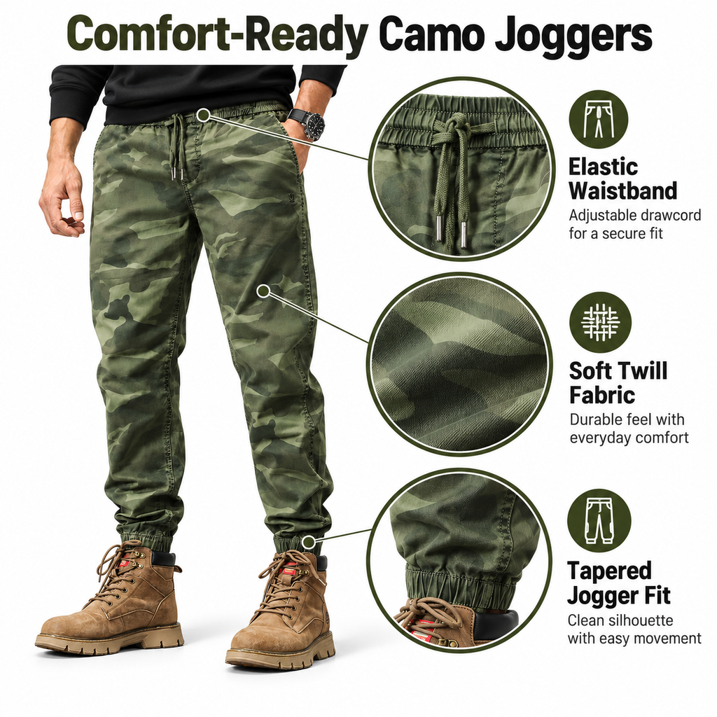 FREDD MARSHALL FHG3637 men's cotton drawstring tapered jogger pants, Army Green Camo, construction detail