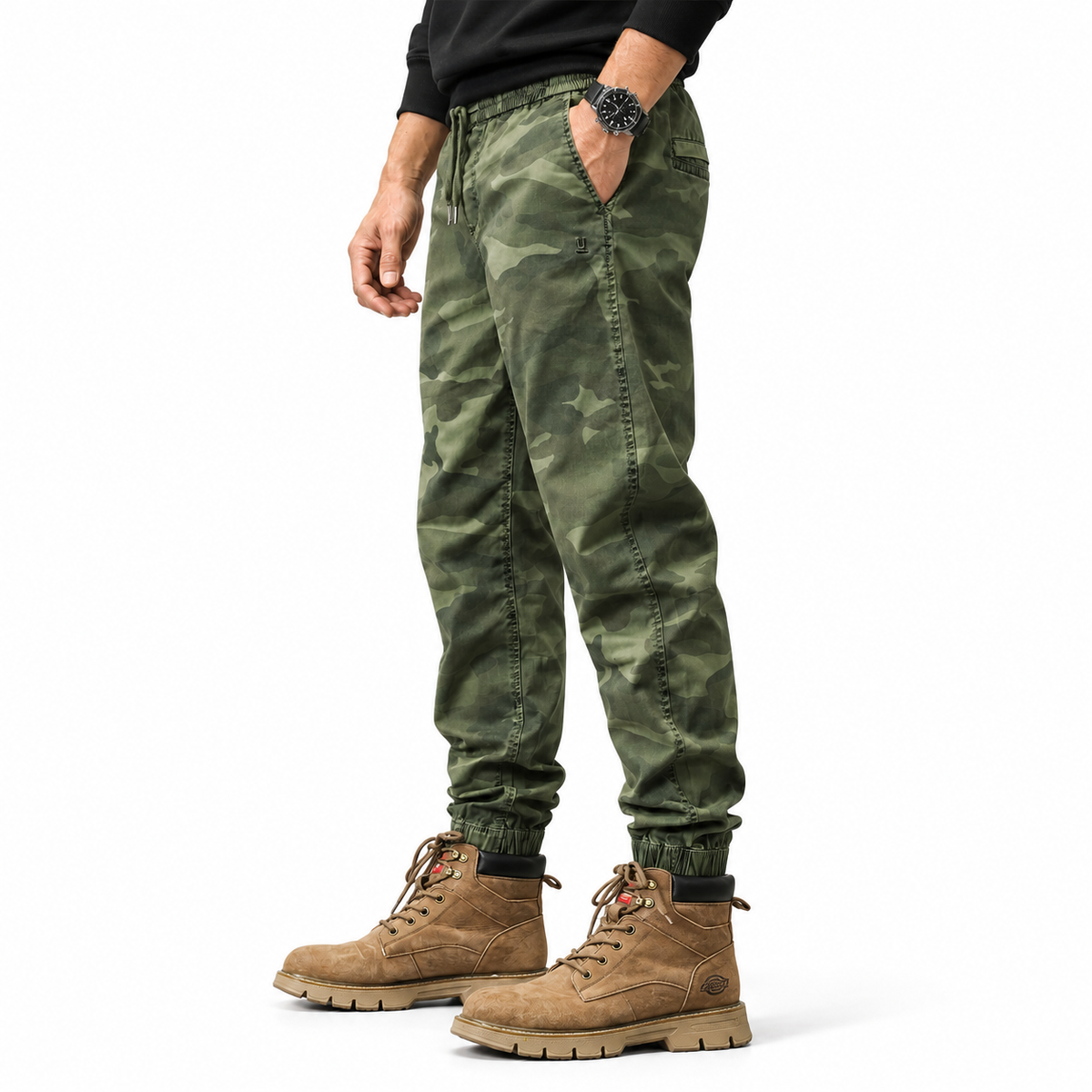 FREDD MARSHALL FHG3637 men's cotton drawstring tapered jogger pants, Army Green Camo, side view