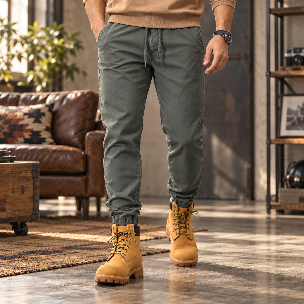 FREDD MARSHALL FHG3637 men's cotton drawstring tapered jogger pants, Medium Gray, styled outfit