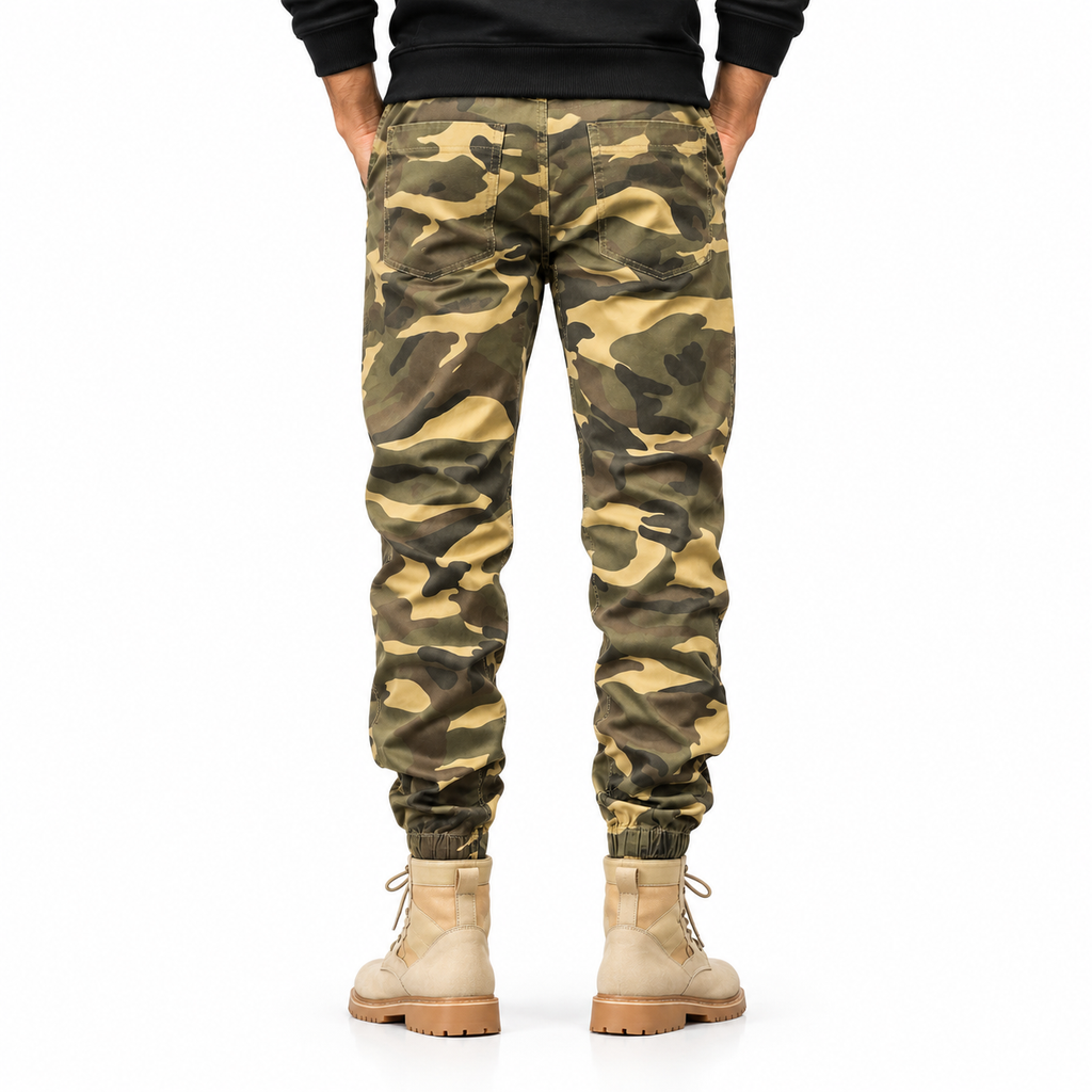FREDD MARSHALL FHG3637 men's cotton drawstring tapered jogger pants, Khaki Camo, back view