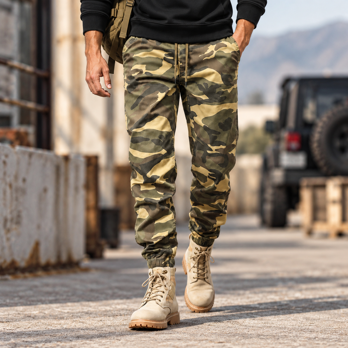 FREDD MARSHALL FHG3637 men's cotton drawstring tapered jogger pants, Khaki Camo, styled outfit