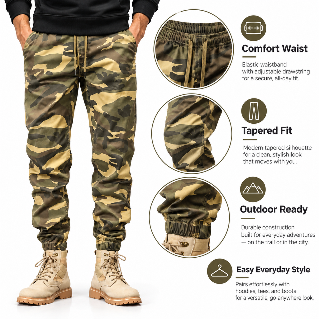 FREDD MARSHALL FHG3637 men's cotton drawstring tapered jogger pants, Khaki Camo, construction detail