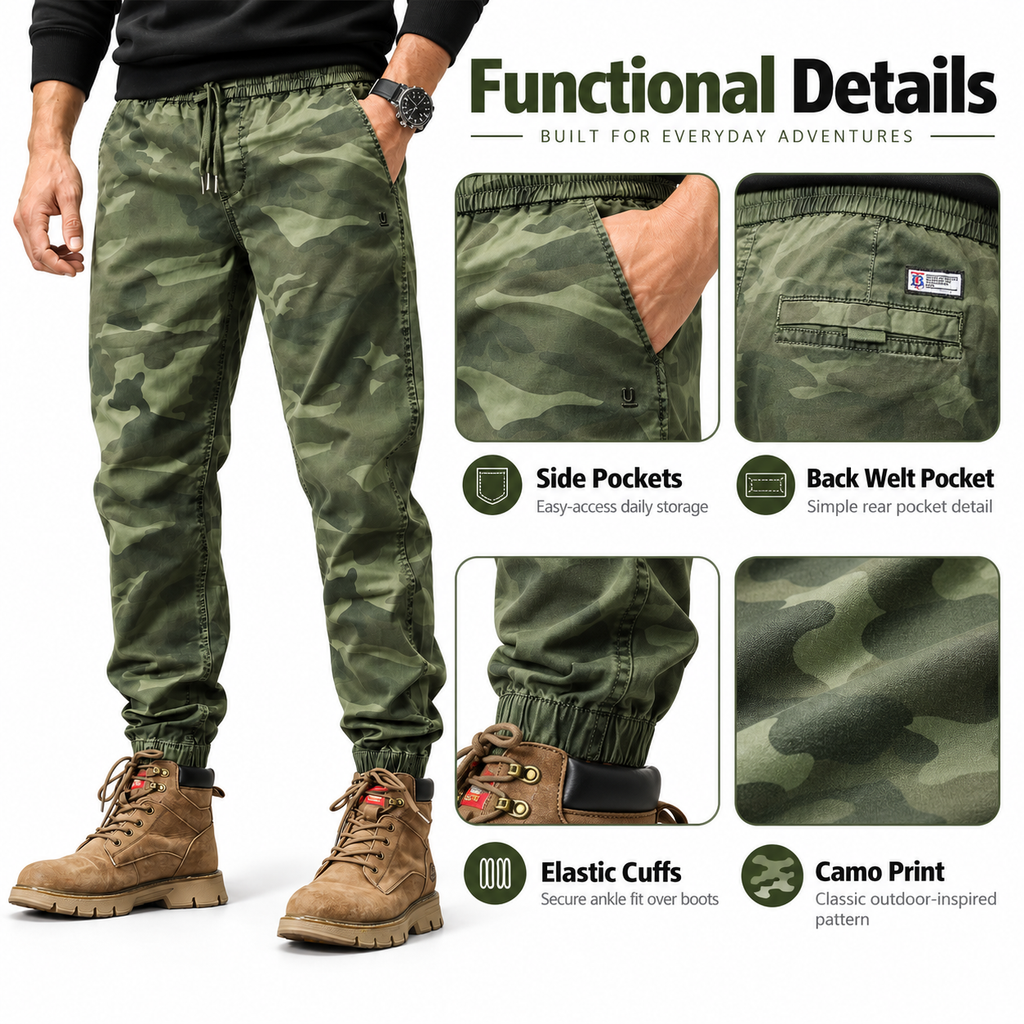 FREDD MARSHALL FHG3637 men's cotton drawstring tapered jogger pants, Army Green Camo, construction detail