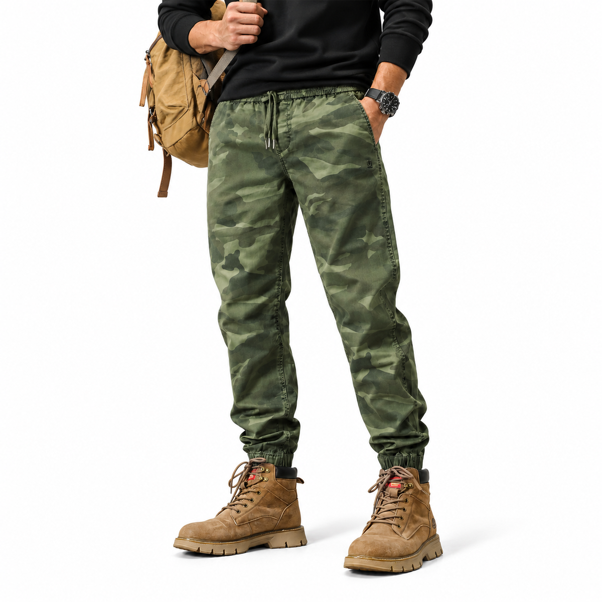FREDD MARSHALL FHG3637 men's cotton drawstring tapered jogger pants, Army Green Camo, styled outfit