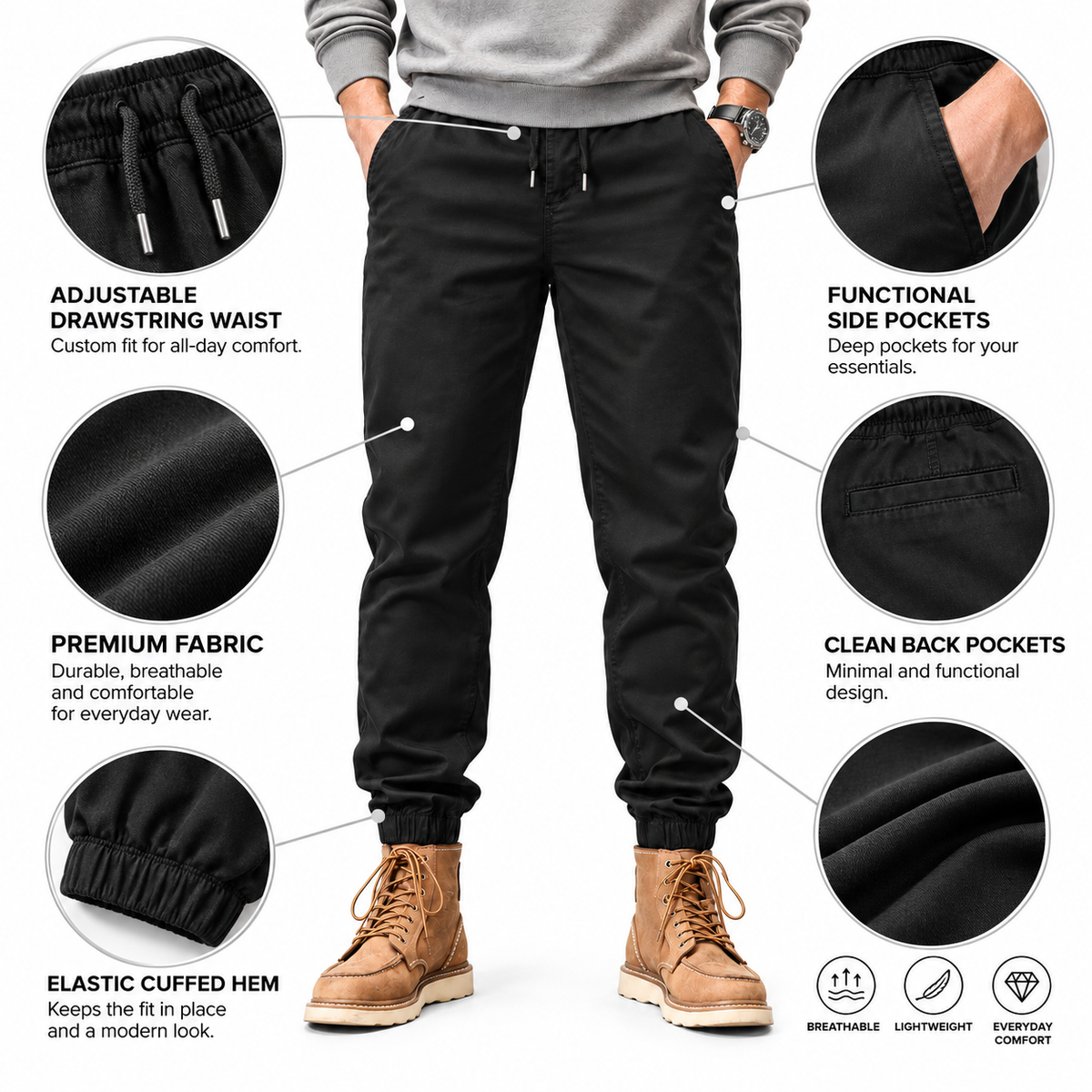 FREDD MARSHALL FHG3637 men's cotton drawstring tapered jogger pants, Black, construction detail
