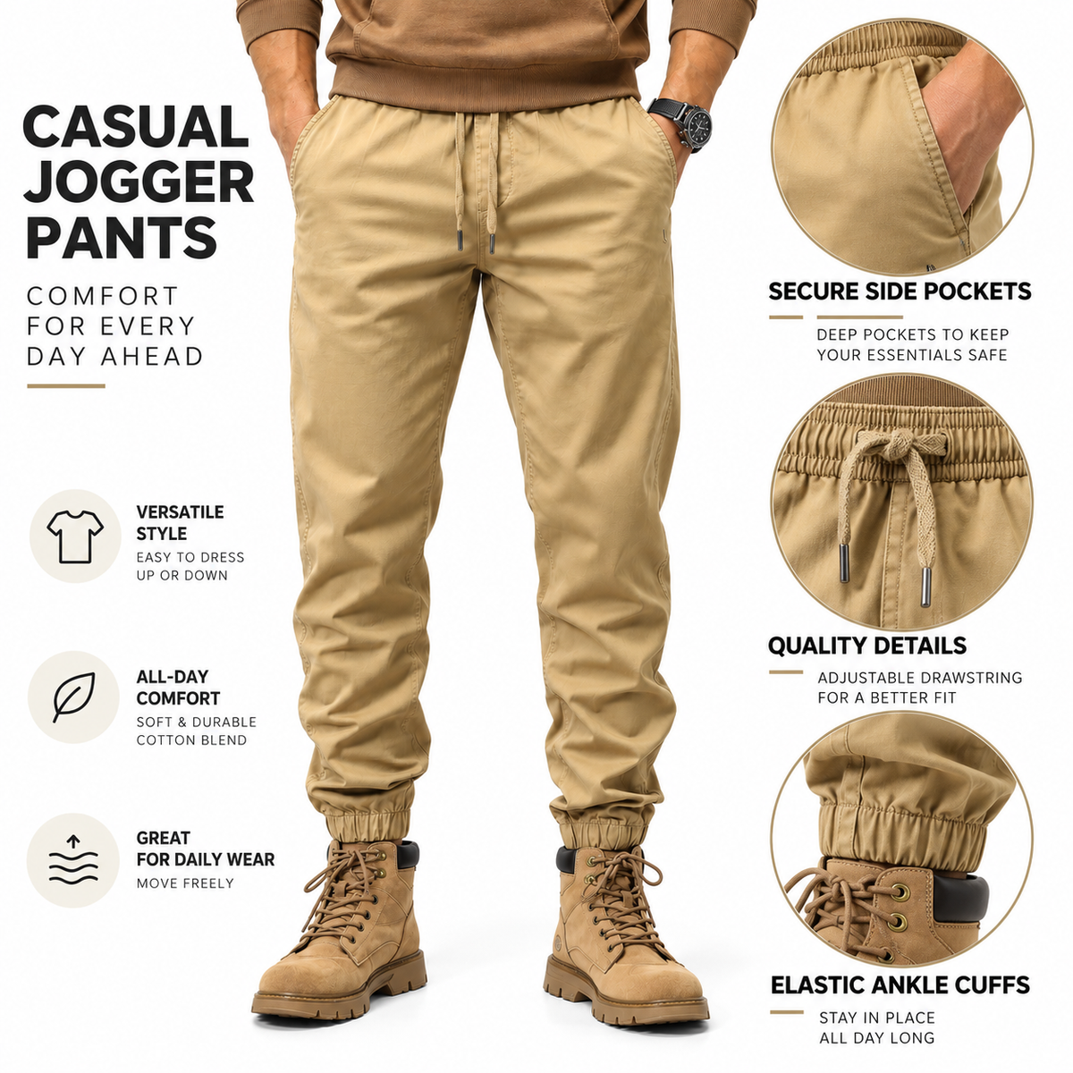 FREDD MARSHALL FHG3637 men's cotton drawstring tapered jogger pants, Khaki, construction detail