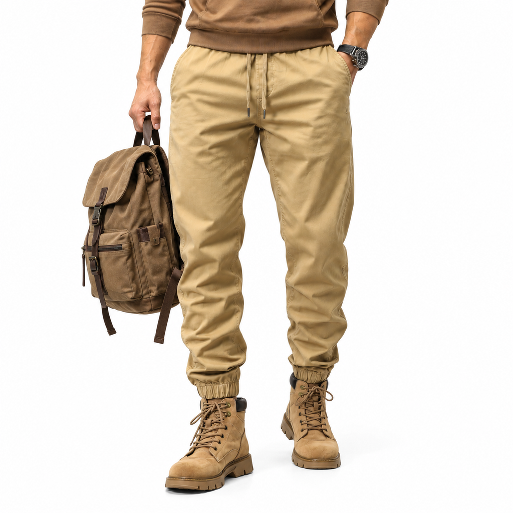 FREDD MARSHALL FHG3637 men's cotton drawstring tapered jogger pants, Khaki, styled outfit