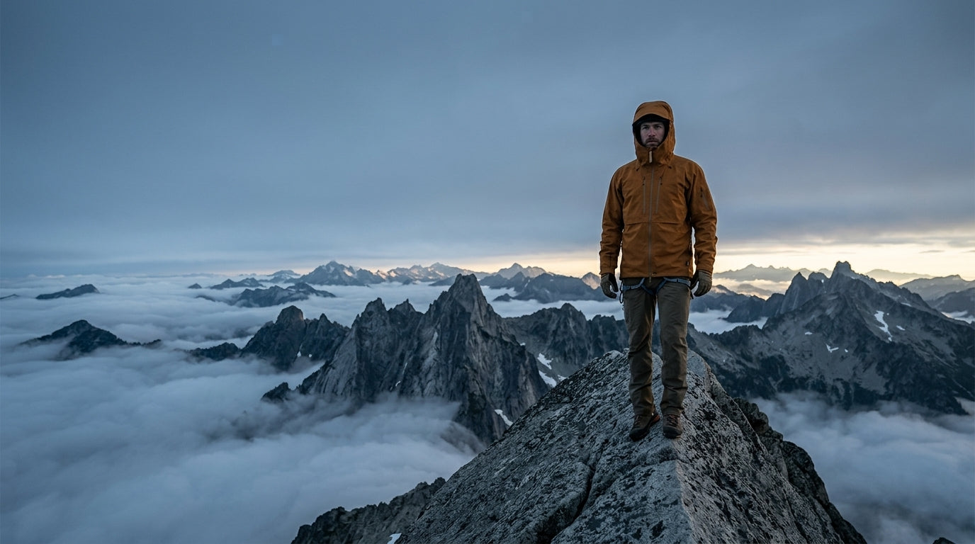 Mountaineer in a technical shell on an alpine ridge above the clouds