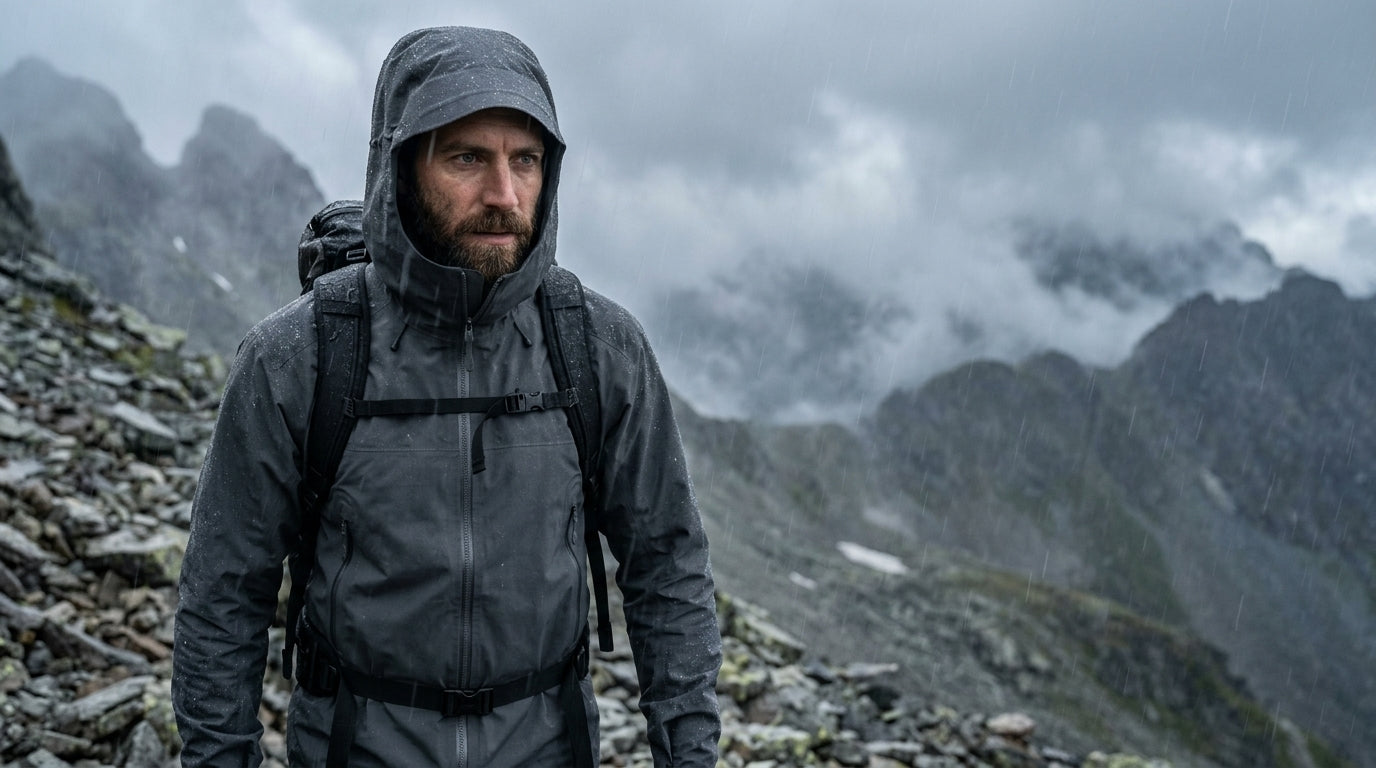 Man in a grey hardshell jacket hiking through alpine storm and mist