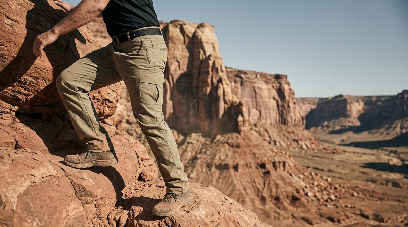 Hiker in technical stretch pants scrambling red-rock desert terrain