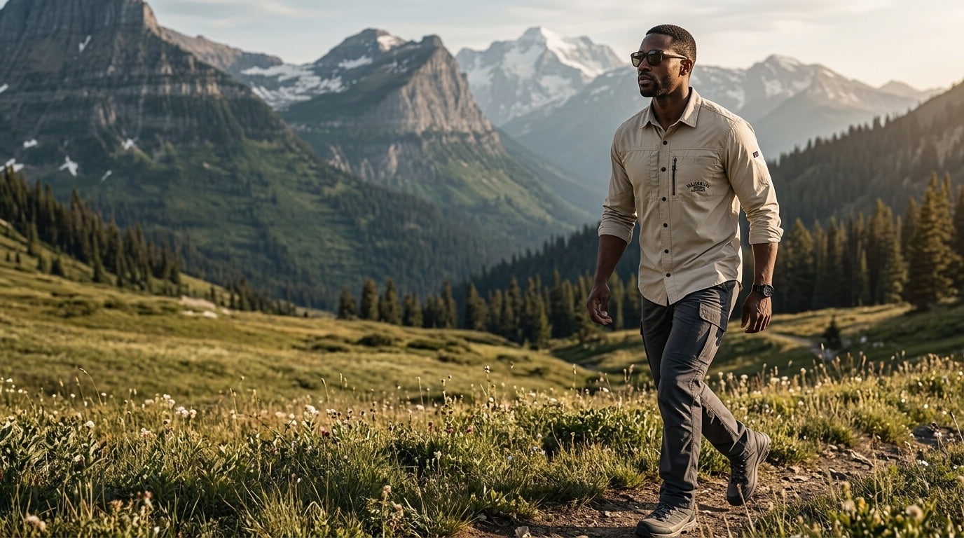 Hiker in a quick-dry outdoor shirt on a sunlit alpine meadow trail