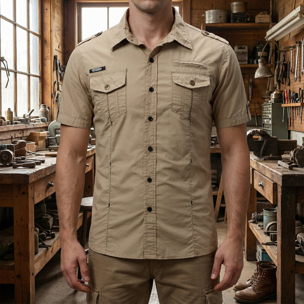 FREDD MARSHALL Men's Khaki Cargo Short-Sleeve Shirt — Multi-Pocket Workwear — 视图 2
