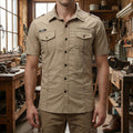 FREDD MARSHALL Men's Khaki Cargo Short-Sleeve Shirt — Multi-Pocket Workwear — View 2