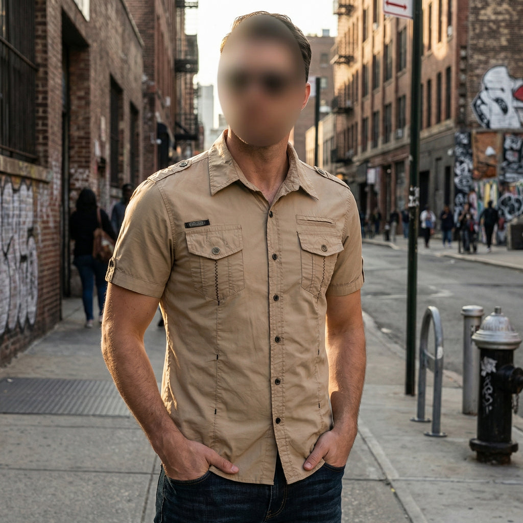 FREDD MARSHALL Men's Khaki Cargo Short-Sleeve Shirt — Multi-Pocket Workwear — 视图 4